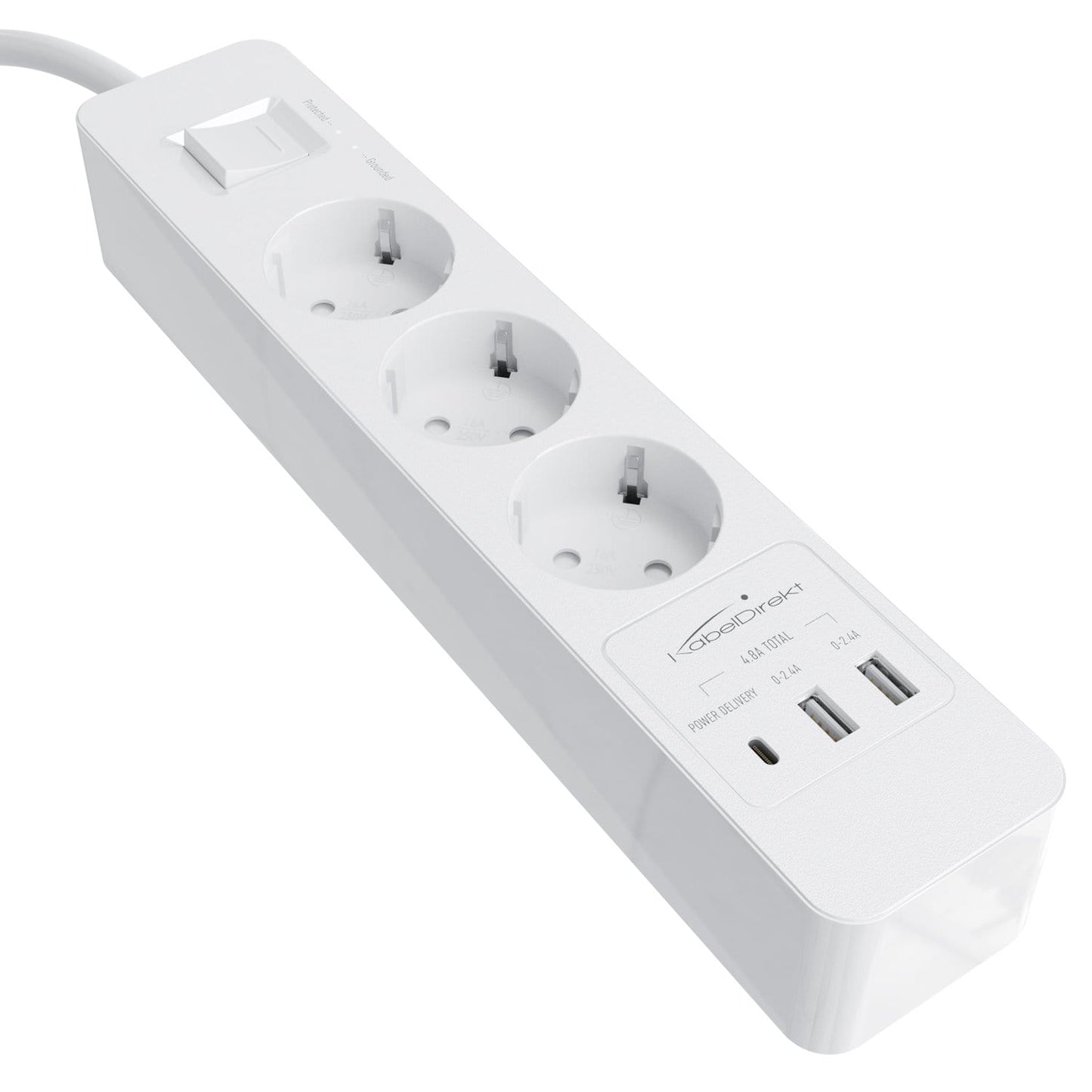 Power strip, white - TÜV-certified multi socket outlet with USB and Power Delivery