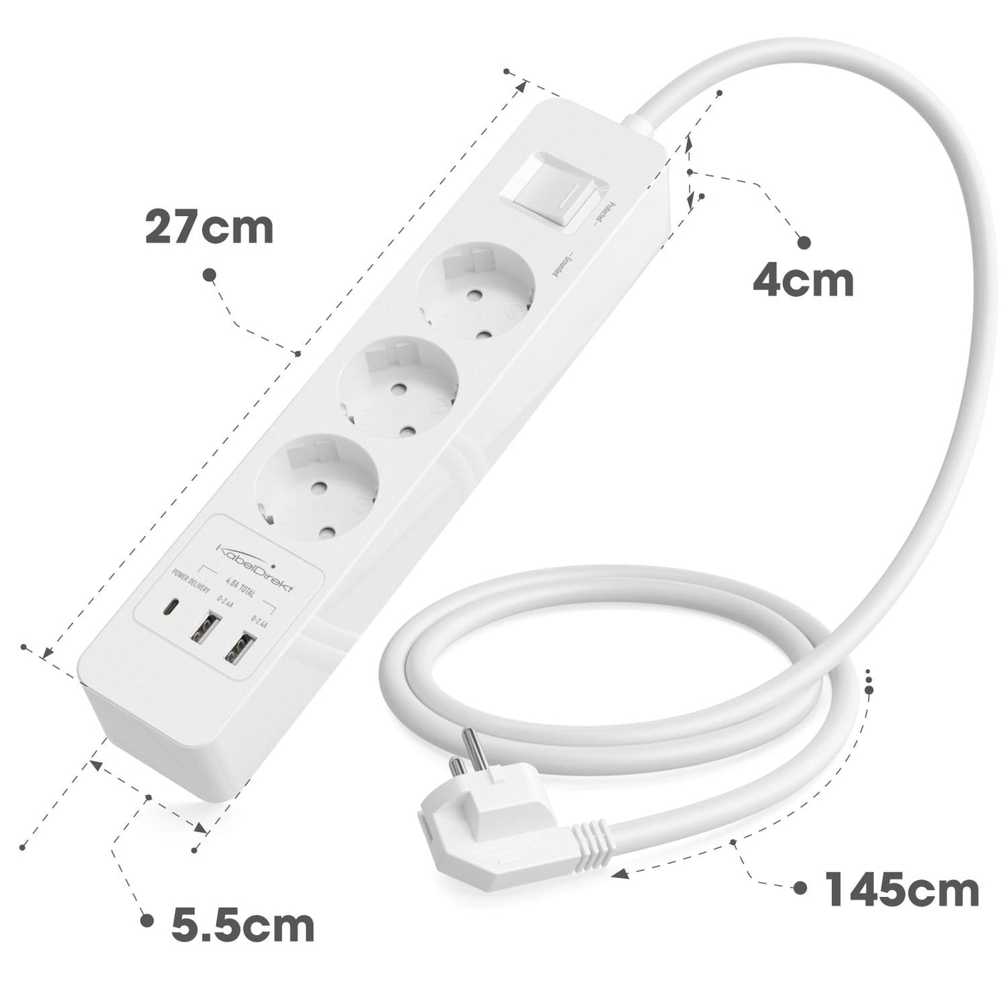 Power strip, white - TÜV-certified multi socket outlet with USB and Power Delivery