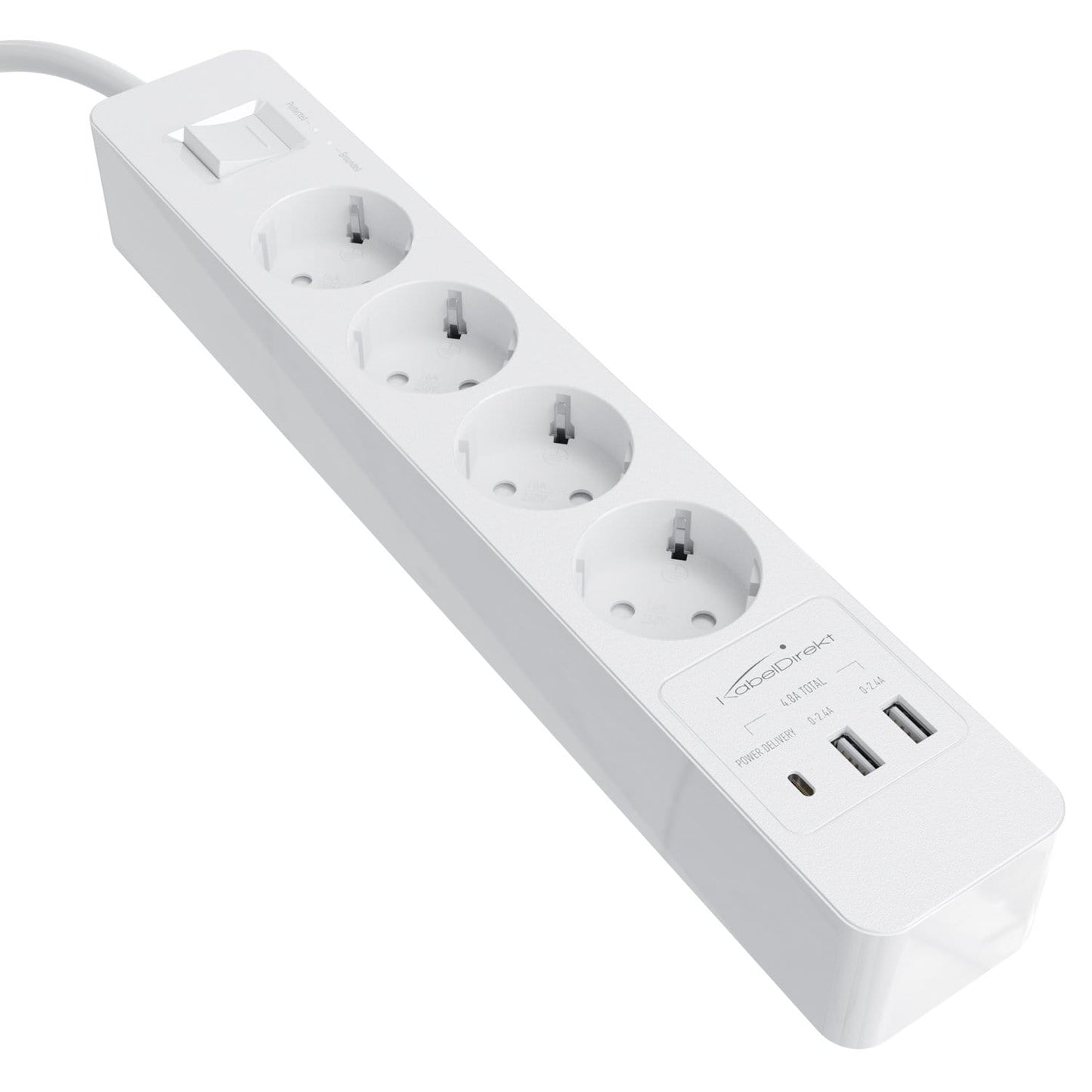 Power strip, white - TÜV-certified multi socket outlet with USB and Power Delivery