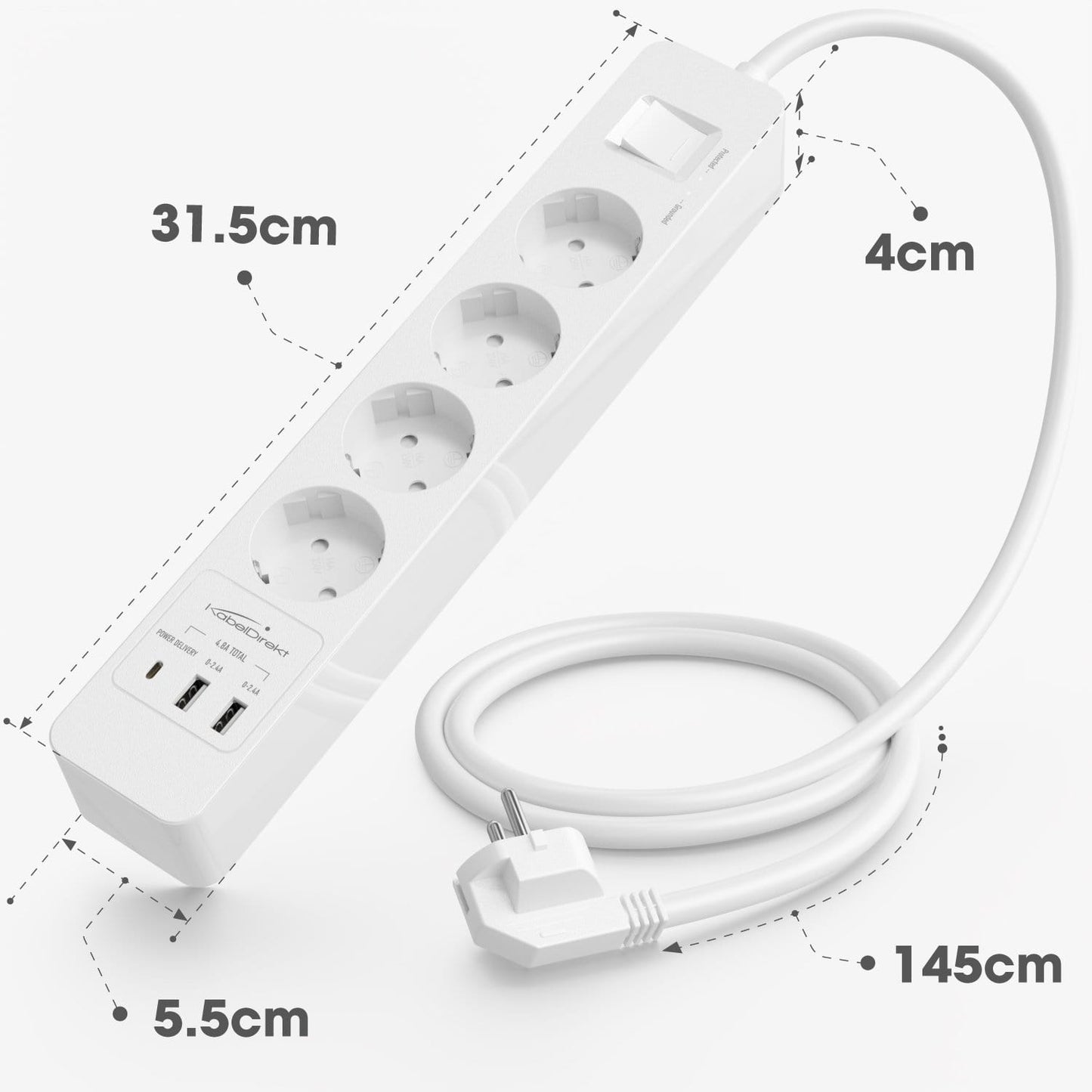 Power strip, white - TÜV-certified multi socket outlet with USB and Power Delivery