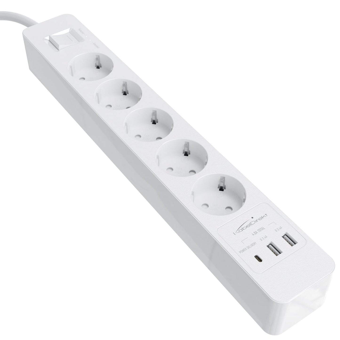 Power strip, white - TÜV-certified multi socket outlet with USB and Power Delivery