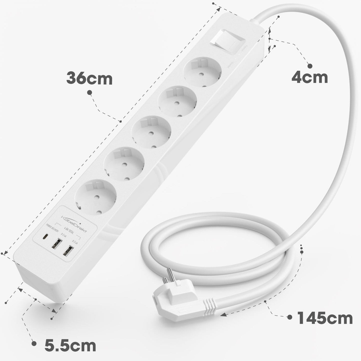 Power strip, white - TÜV-certified multi socket outlet with USB and Power Delivery