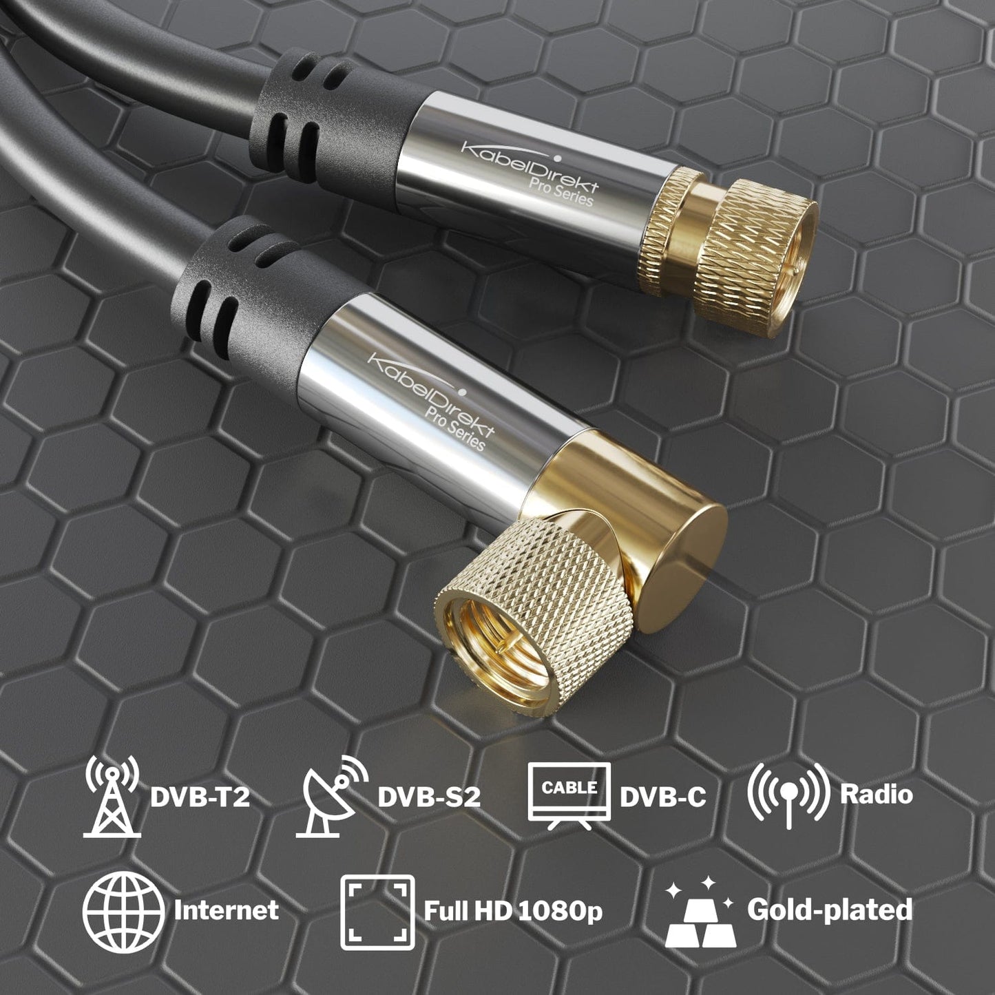 SAT Kabel 90° gewinkelt auf geraden F-Stecker, 75 Ohm - Koaxialkabel für HD TV, Radio, DVB-T2, DVB-C, DVB-S