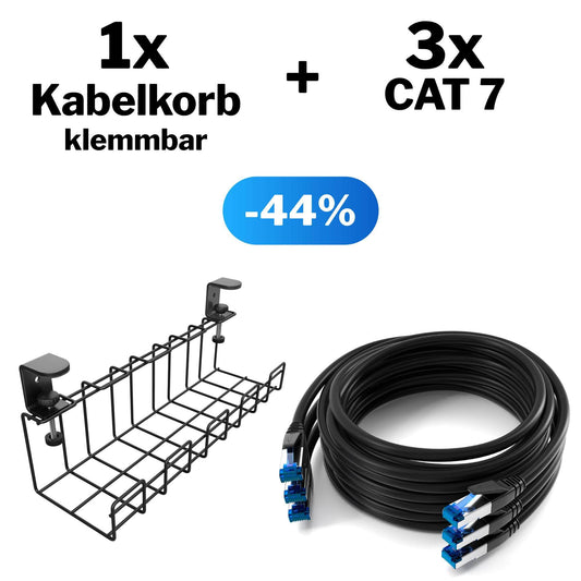 Homeoffice Bundle - 3x Cat7 3m + Kabelkorb Klemmbar