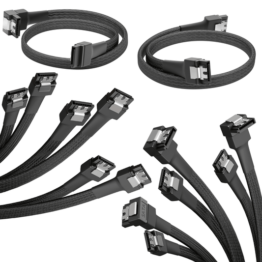 3 cable set 6Gb/s SATA data cables– 30 cm or 60 cm, straight or angled connectors, black, nylon-sleeved