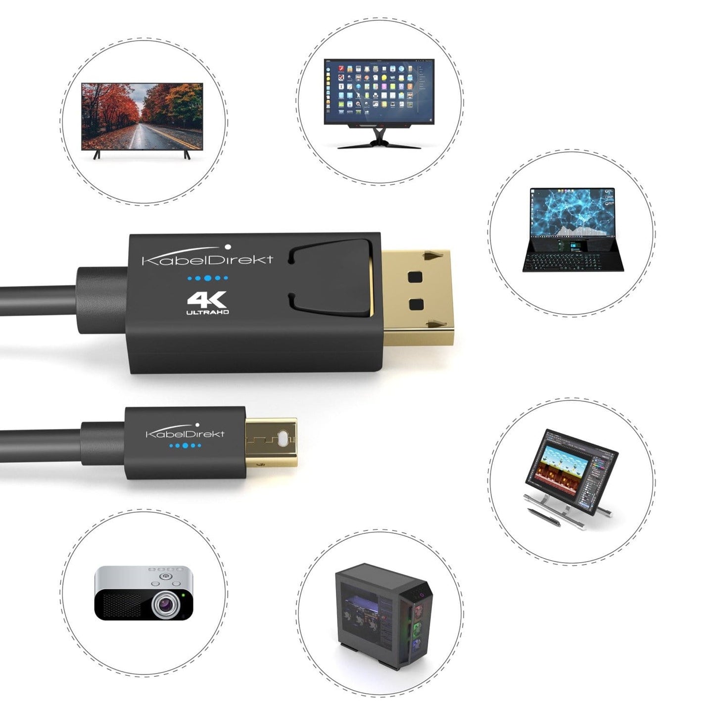 Mini DisplayPort (DP / Thunderbolt) auf DisplayPort Kabel - UHD Auflösung mit 4K / 60Hz, Version 1.2, für PC, Mac