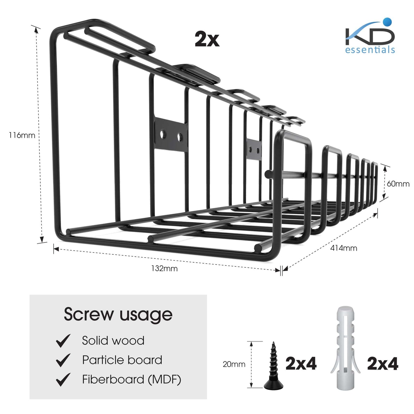 KD Essentials – Kabelkorb aus Metall, Größe M, schraubbar, 2er Set – Kabelhalterung & Kabelwanne