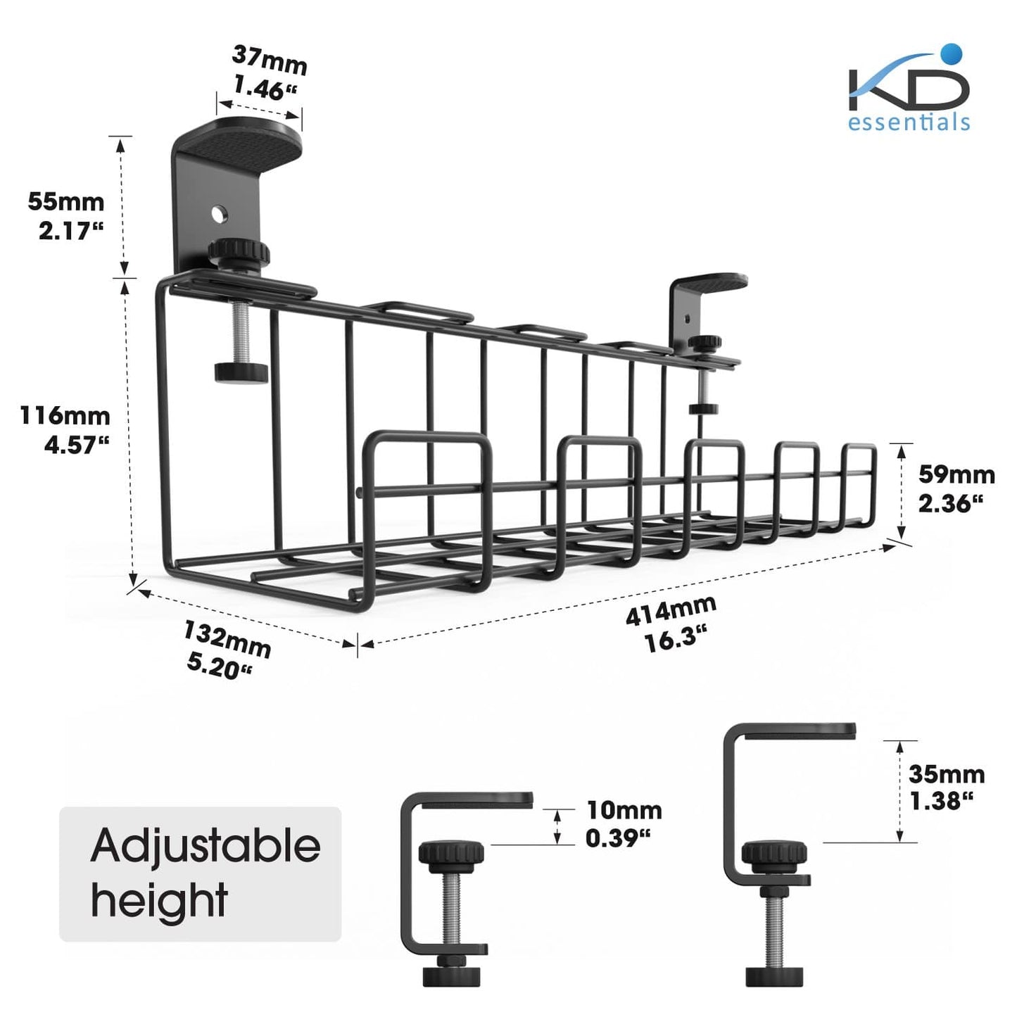 KD Essentials – Kabelkorb aus Metall, 1er/2er-Pack – Kabelhalterung & Kabelkanal & Kabelwanne, klemmbar