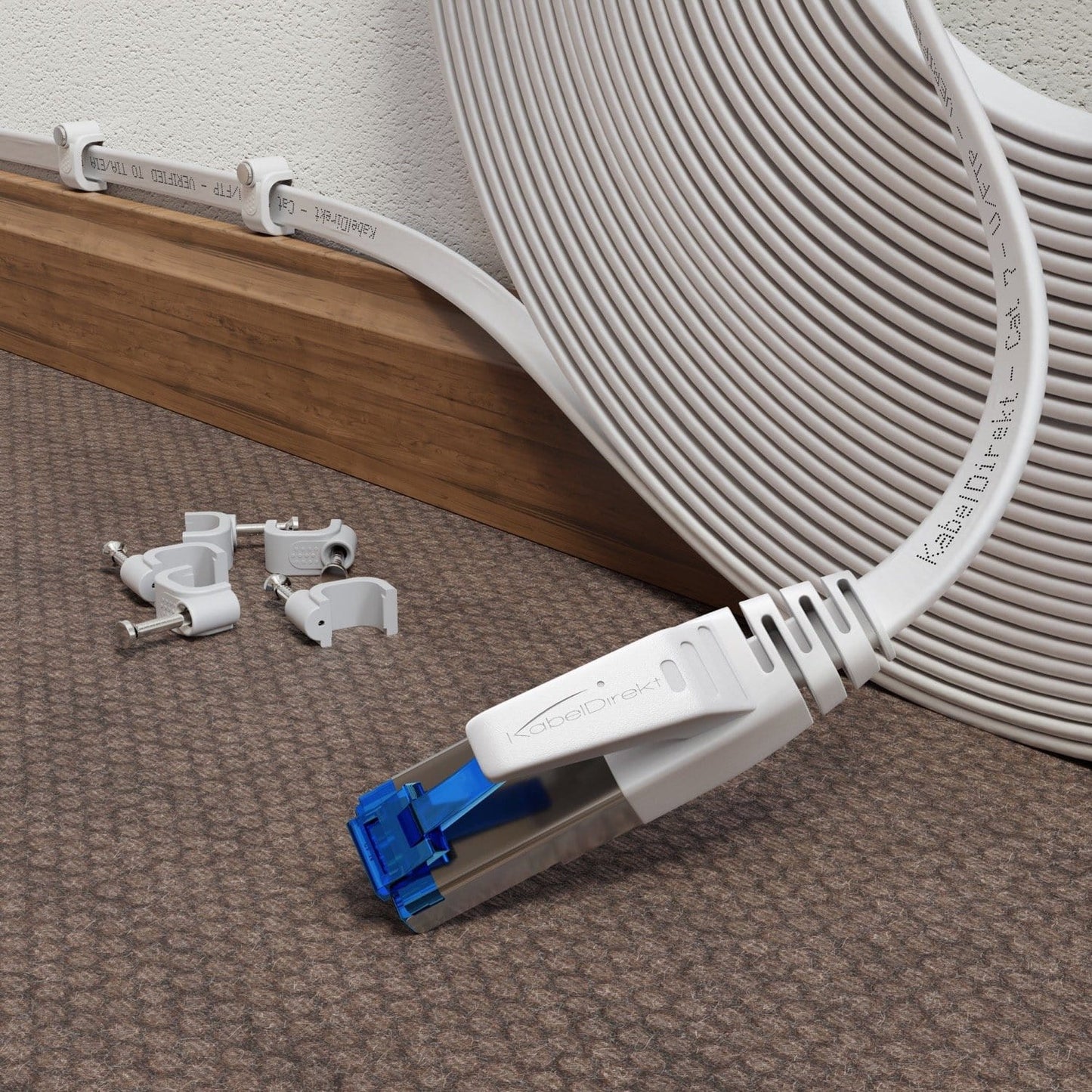 Cat 7 Ethernet- & Netzwerkkabel flach - weiß - 10 Gbit/s mit RJ45-Stecker