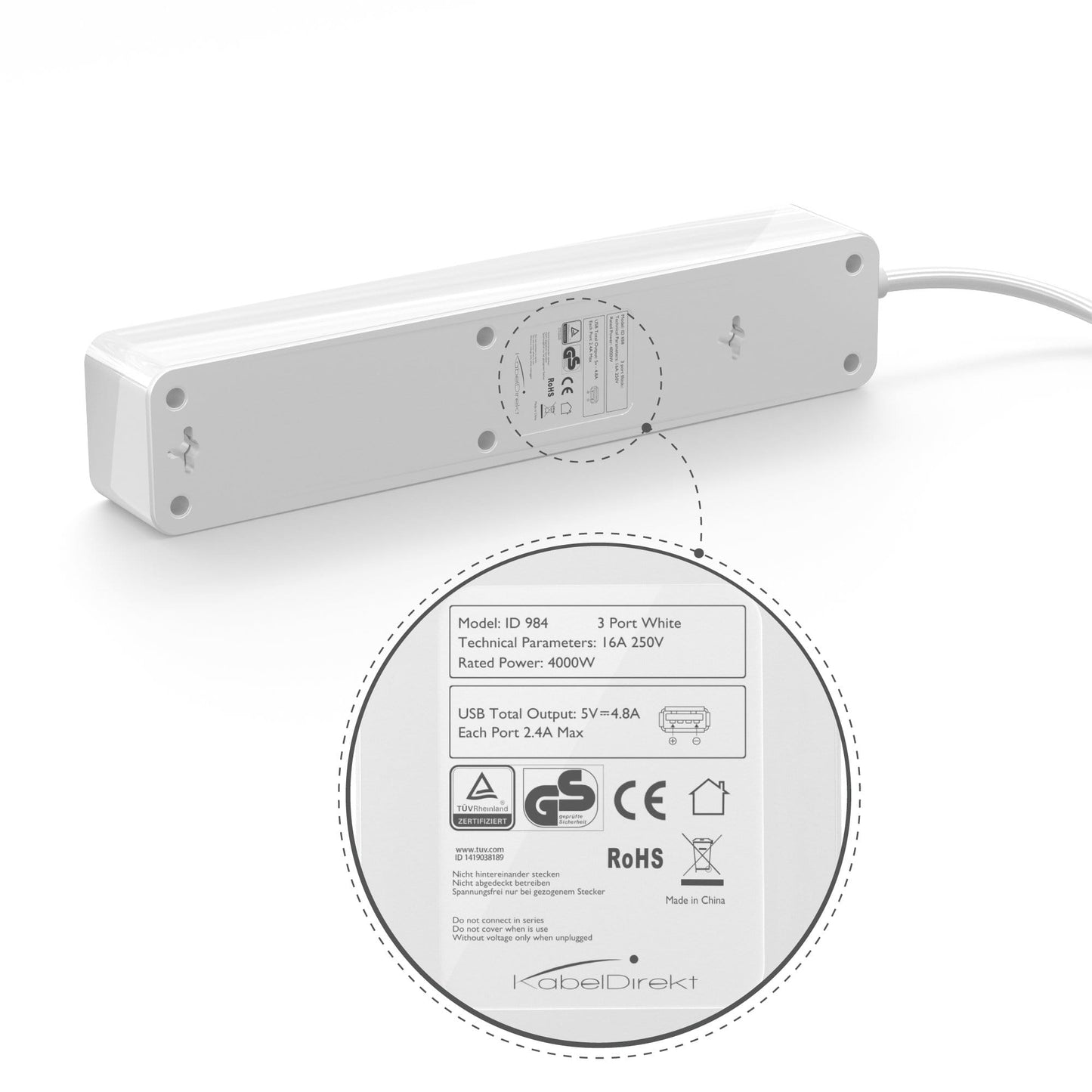Steckdosenleiste weiß – TÜV-zertifizierte Mehrfachsteckdose mit 3-fach USB