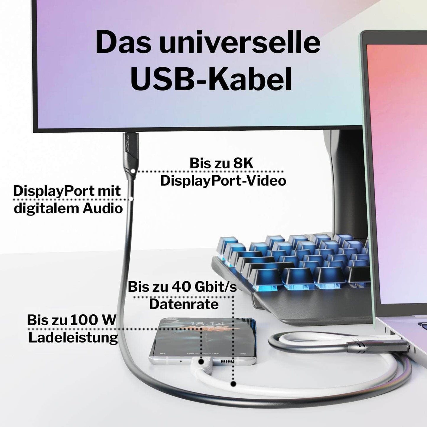 USB-C-Kabel - USB 4.0, Power Delivery 3, Thunderbolt 4, weiß - 2m