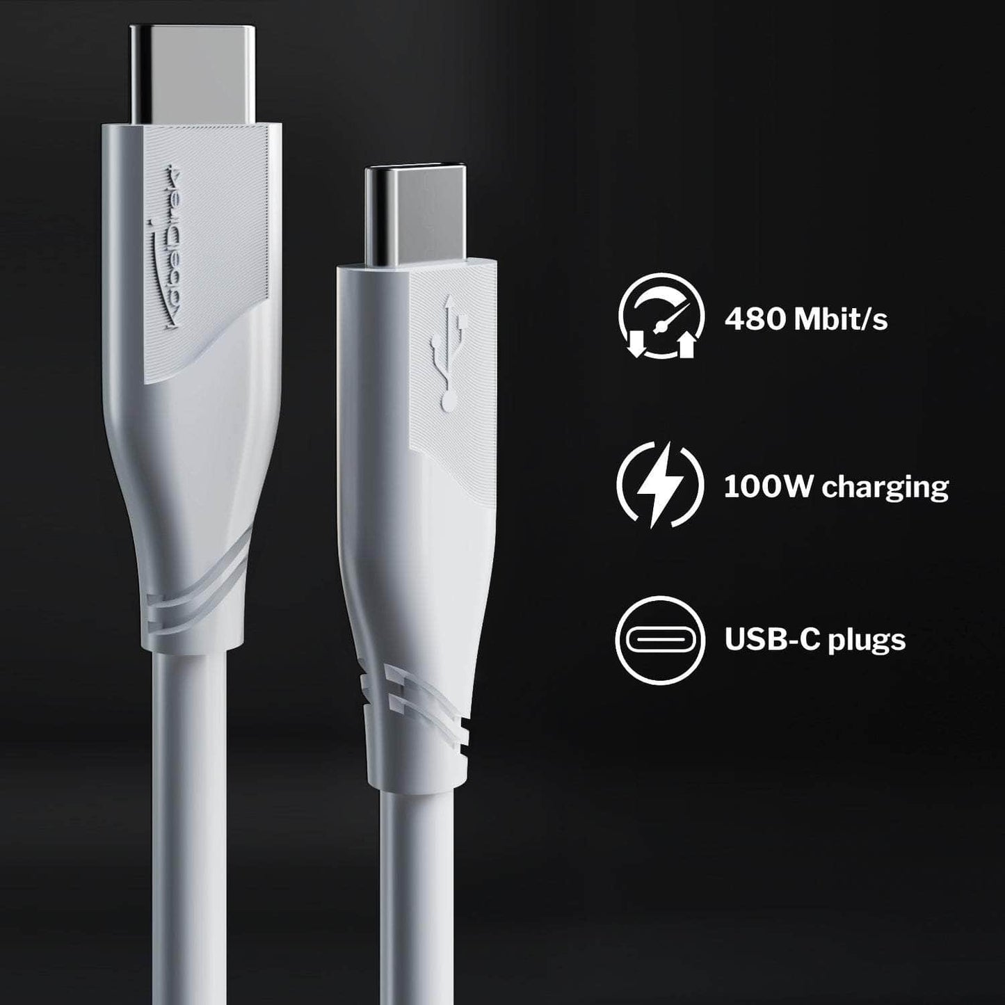 Câble USB-C, USB 2.0 – USB-C vers USB-C, câble de données/recharge, 480 Mbit/s, 100 W, blanc
