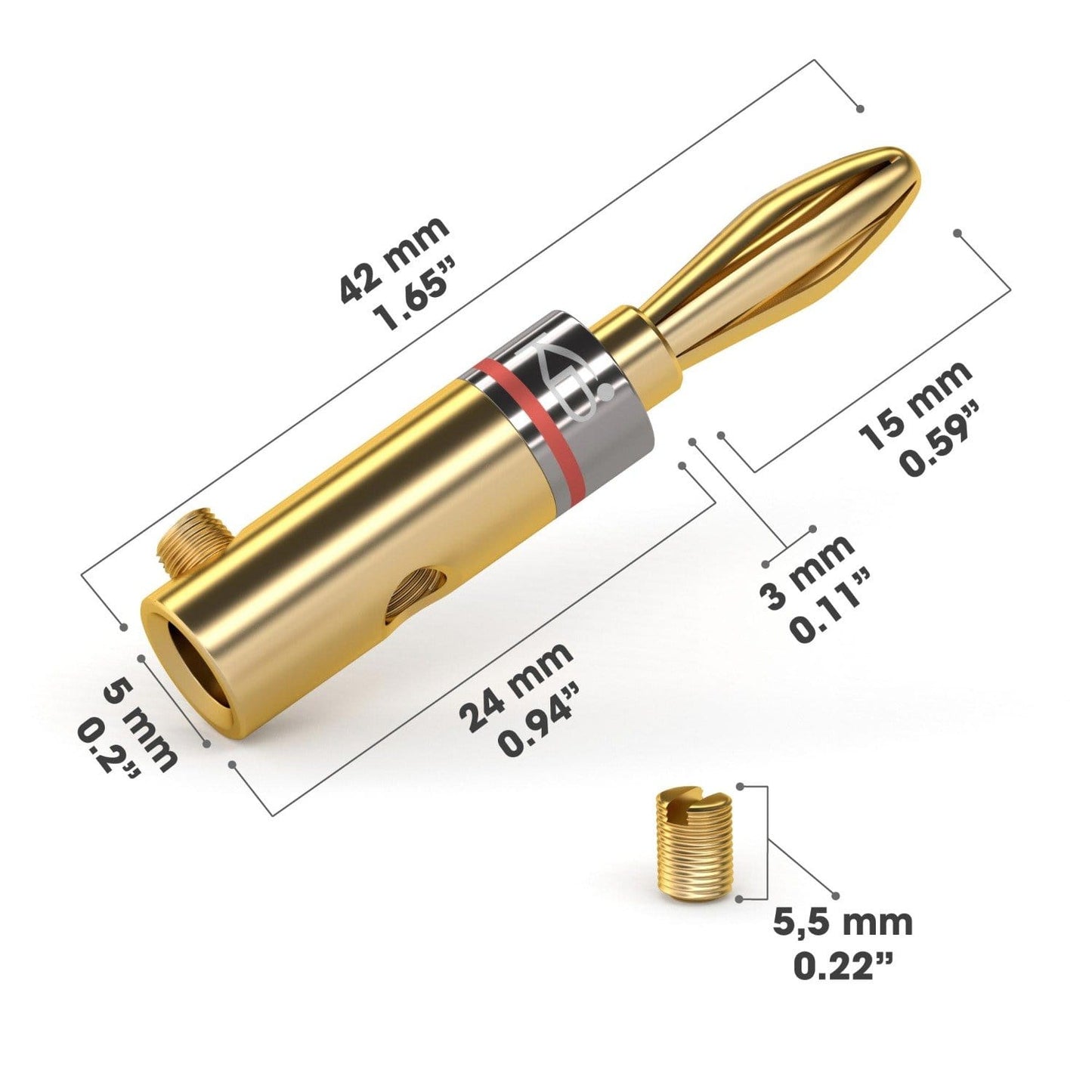 Fiches bananes – connecteurs pour câbles d’enceintes jusqu’à 6 mm², vissables, dorés