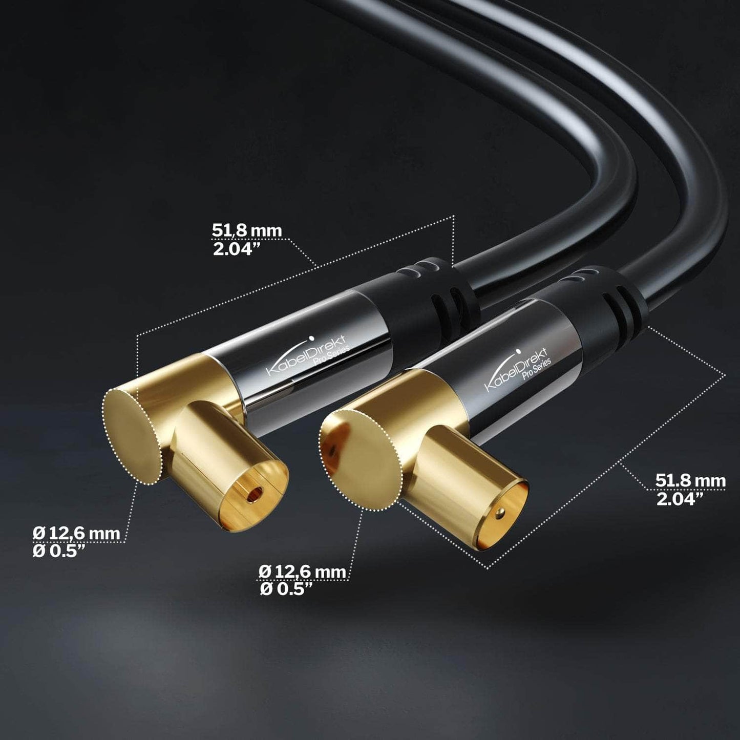 HDTV aerial / coaxial cable, 90° angled female connector to angled male connector