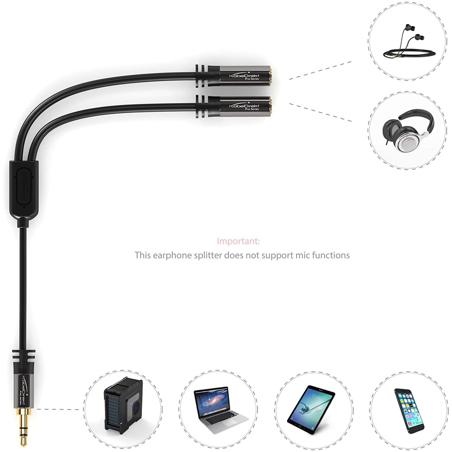 3.5mm Y adapter - jack splitter cable for two headphones, 1×3.5mm male to 2×3.5mm female
