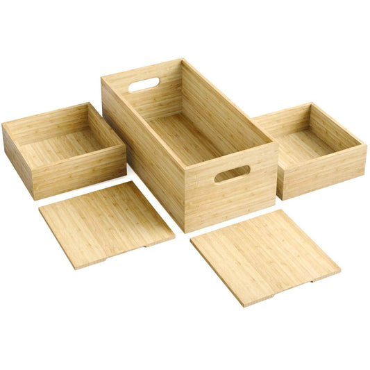 Set aus Bambus-Aufbewahrungsboxen - 1 große Box, 2 kleine Boxen und 2 naturfarbene Deckel