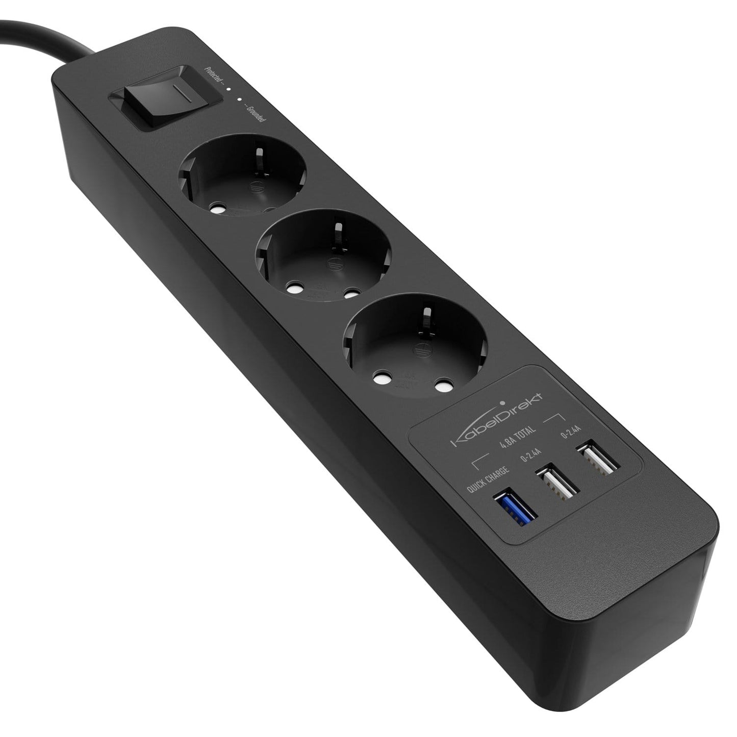 Power strip, black - TÜV-certified multi socket outlet with USB and Quick Charge