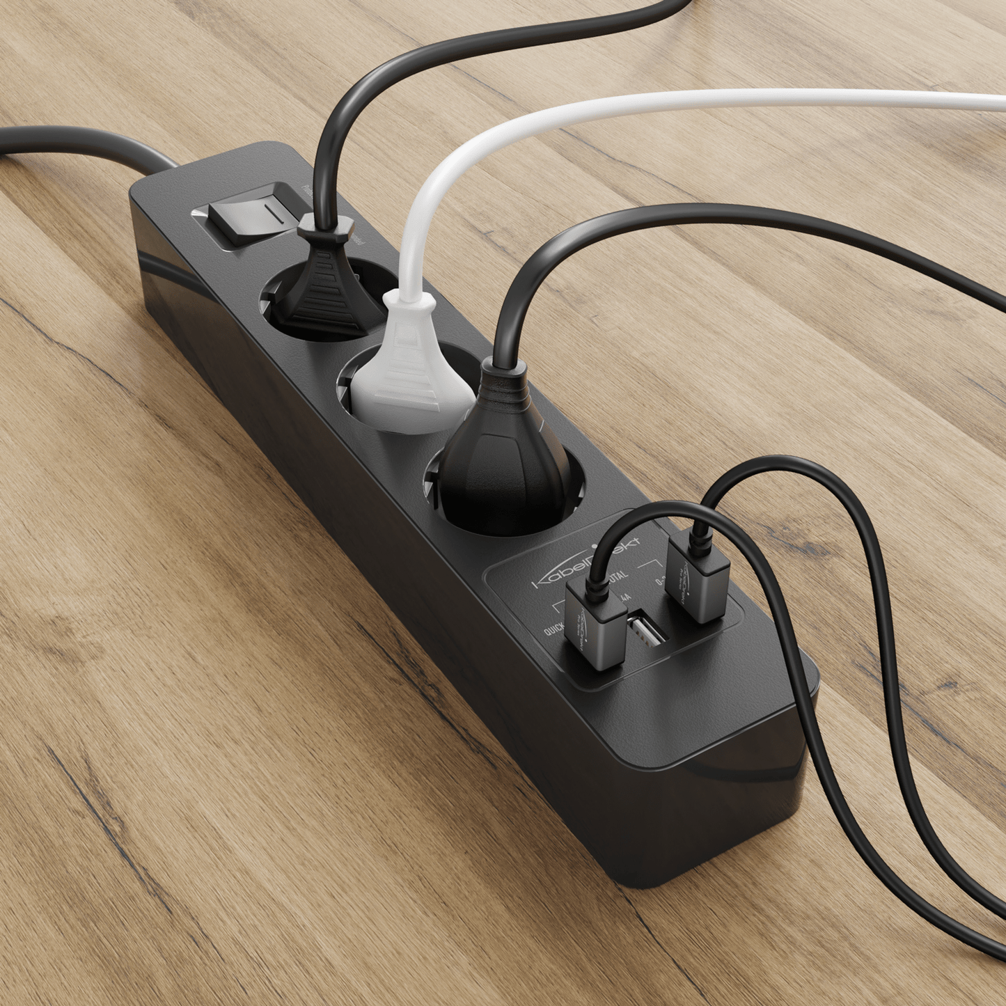 Power strip, black - TÜV-certified multi socket outlet with USB and Quick Charge