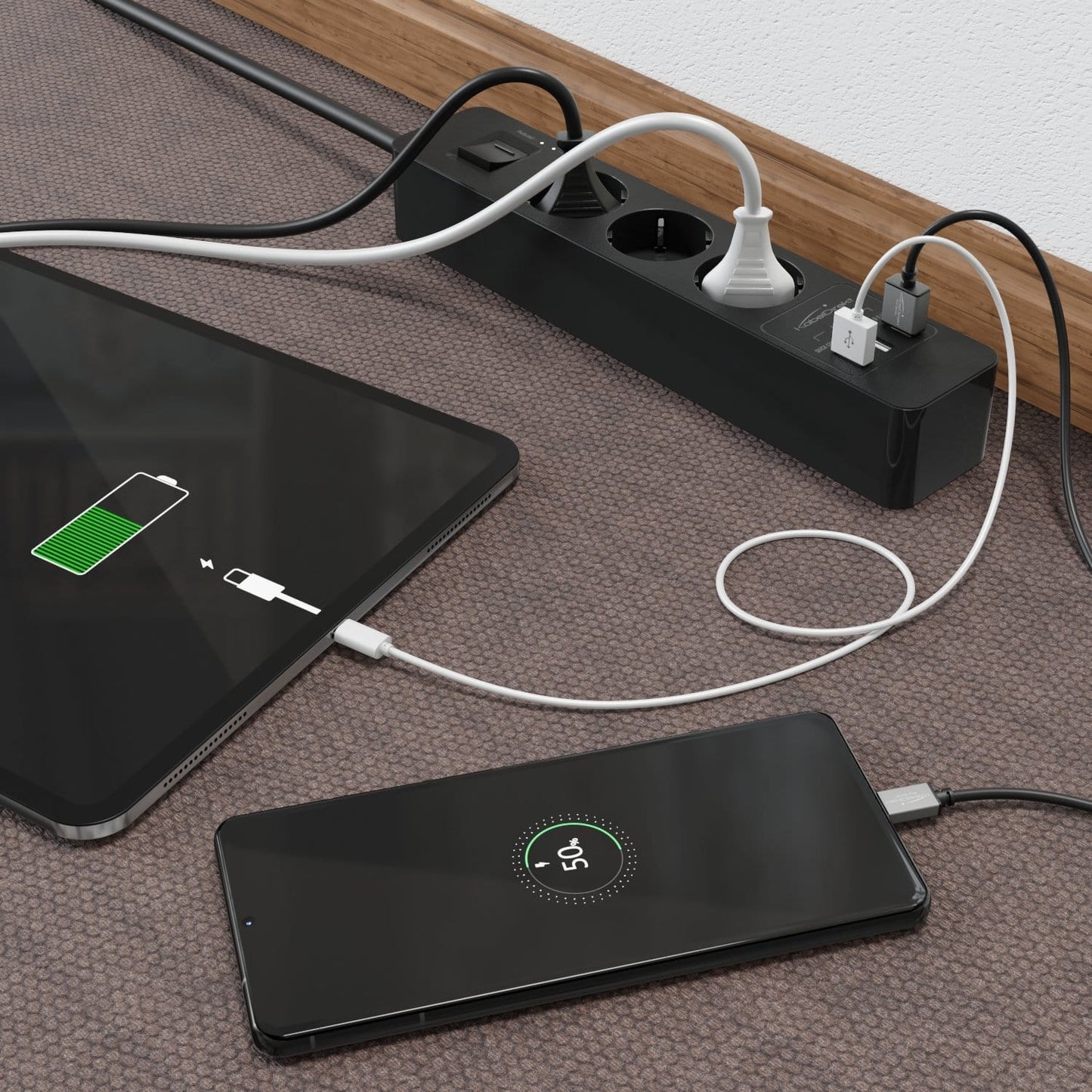 Power strip, black - TÜV-certified multi socket outlet with USB and Quick Charge