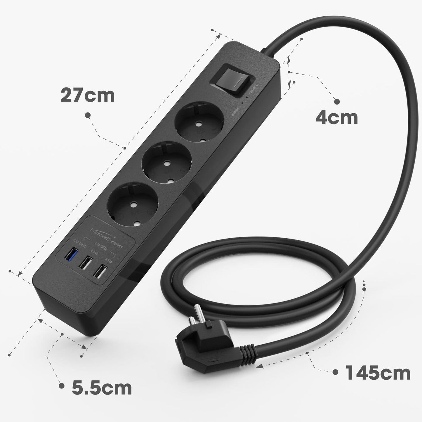 Power strip, black - TÜV-certified multi socket outlet with USB and Quick Charge