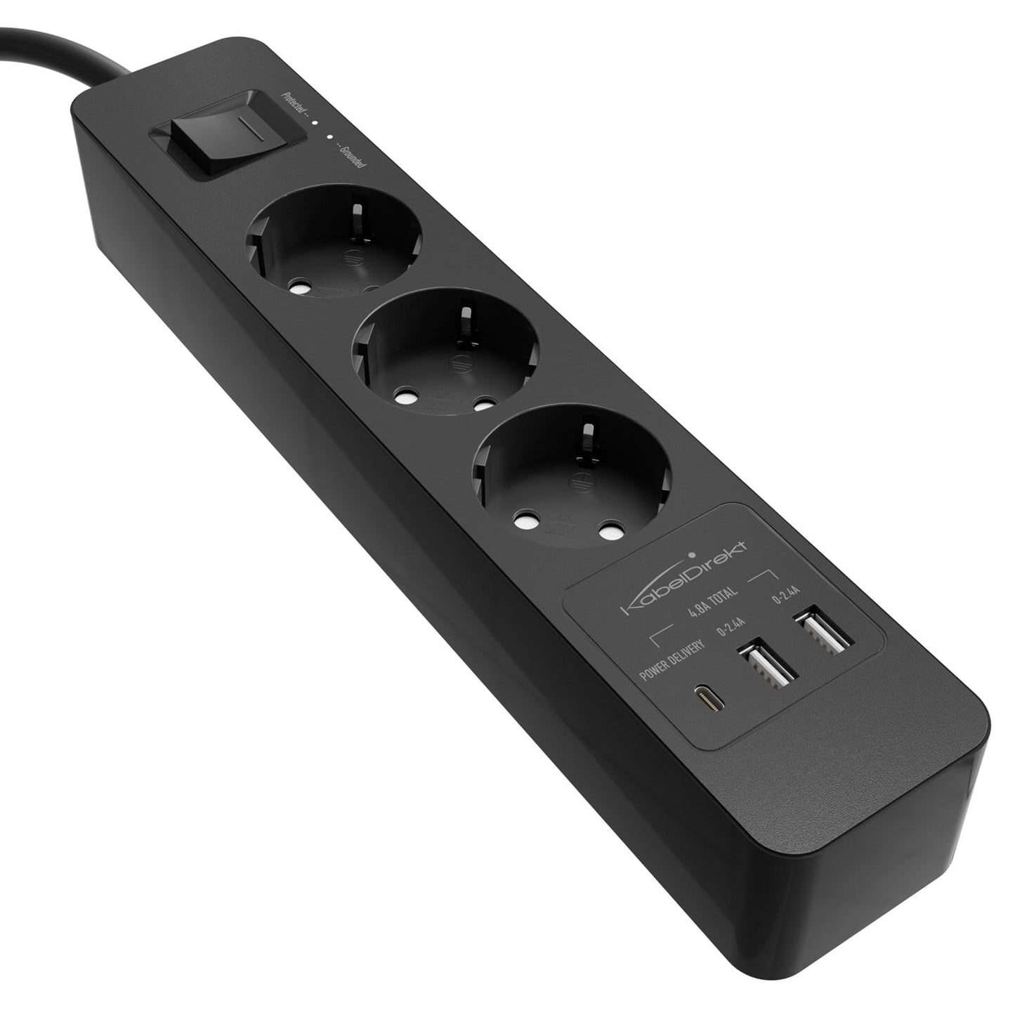 Power strip, black - TÜV-certified multi socket outlet with USB and Power Delivery