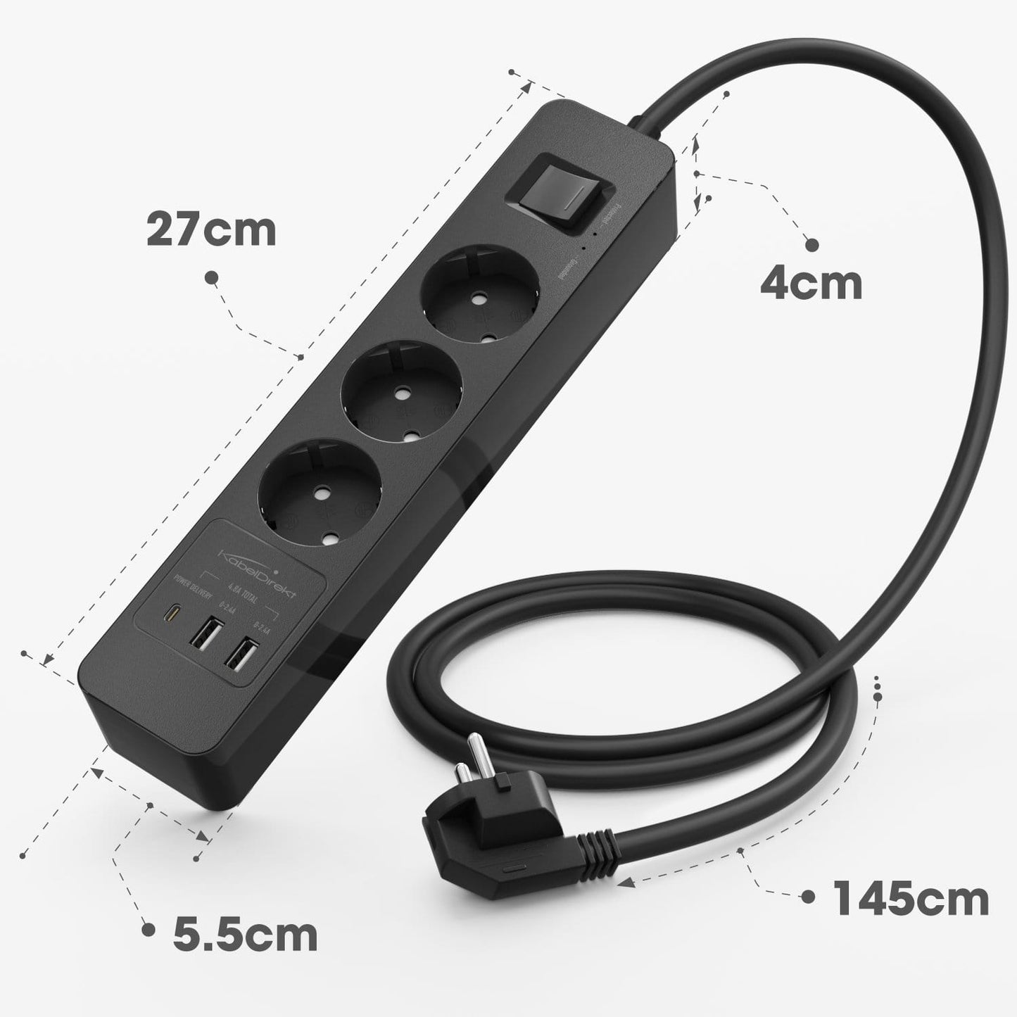 Power strip, black - TÜV-certified multi socket outlet with USB and Power Delivery