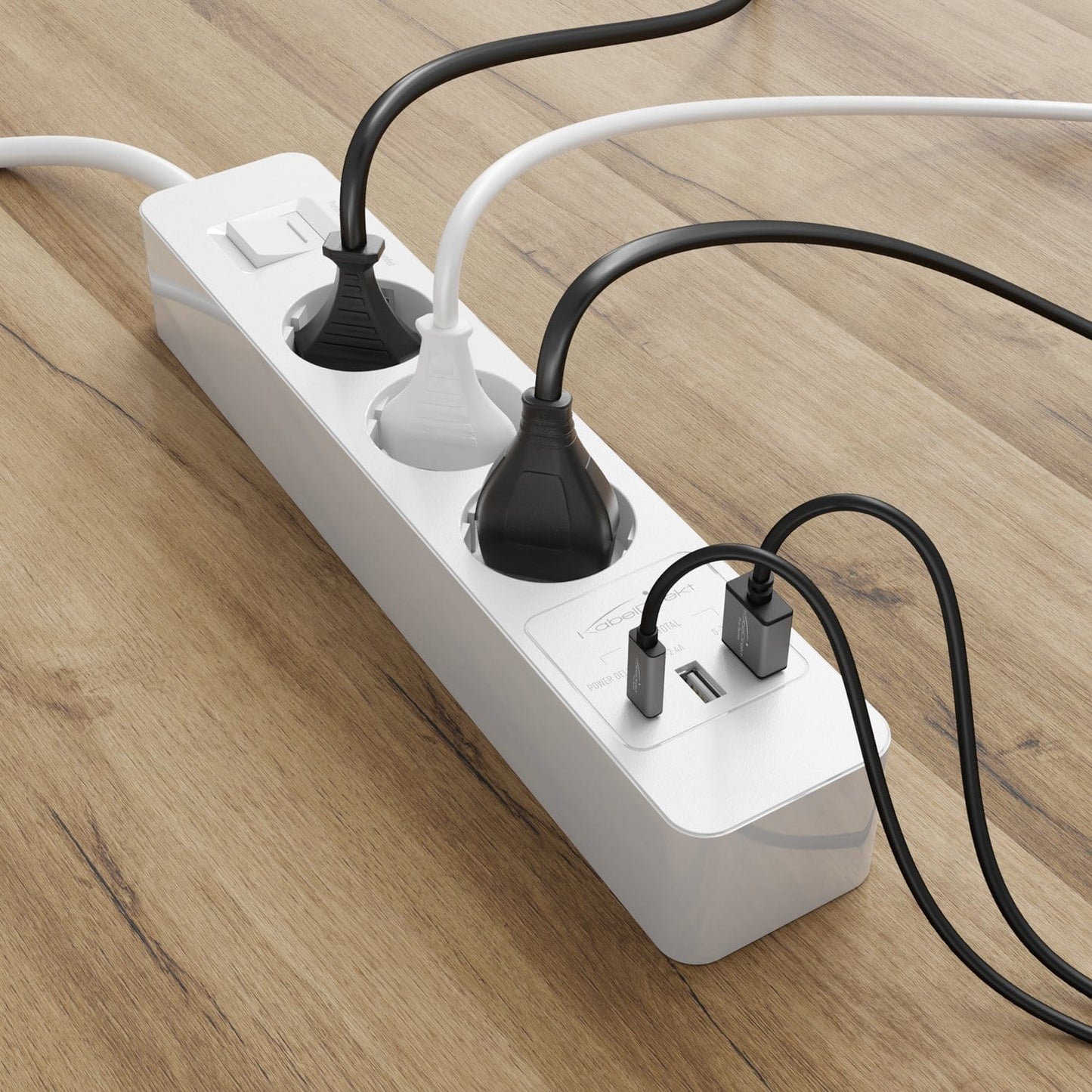 Power strip, white - TÜV-certified multi socket outlet with USB and Power Delivery