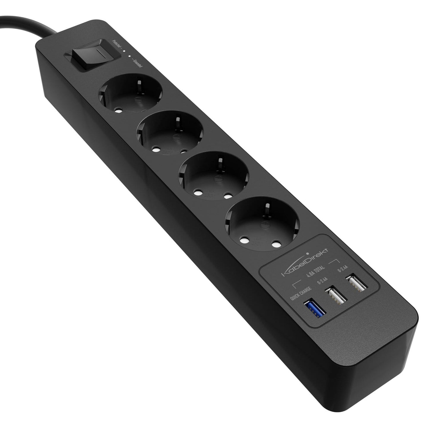 Power strip, black - TÜV-certified multi socket outlet with USB and Quick Charge