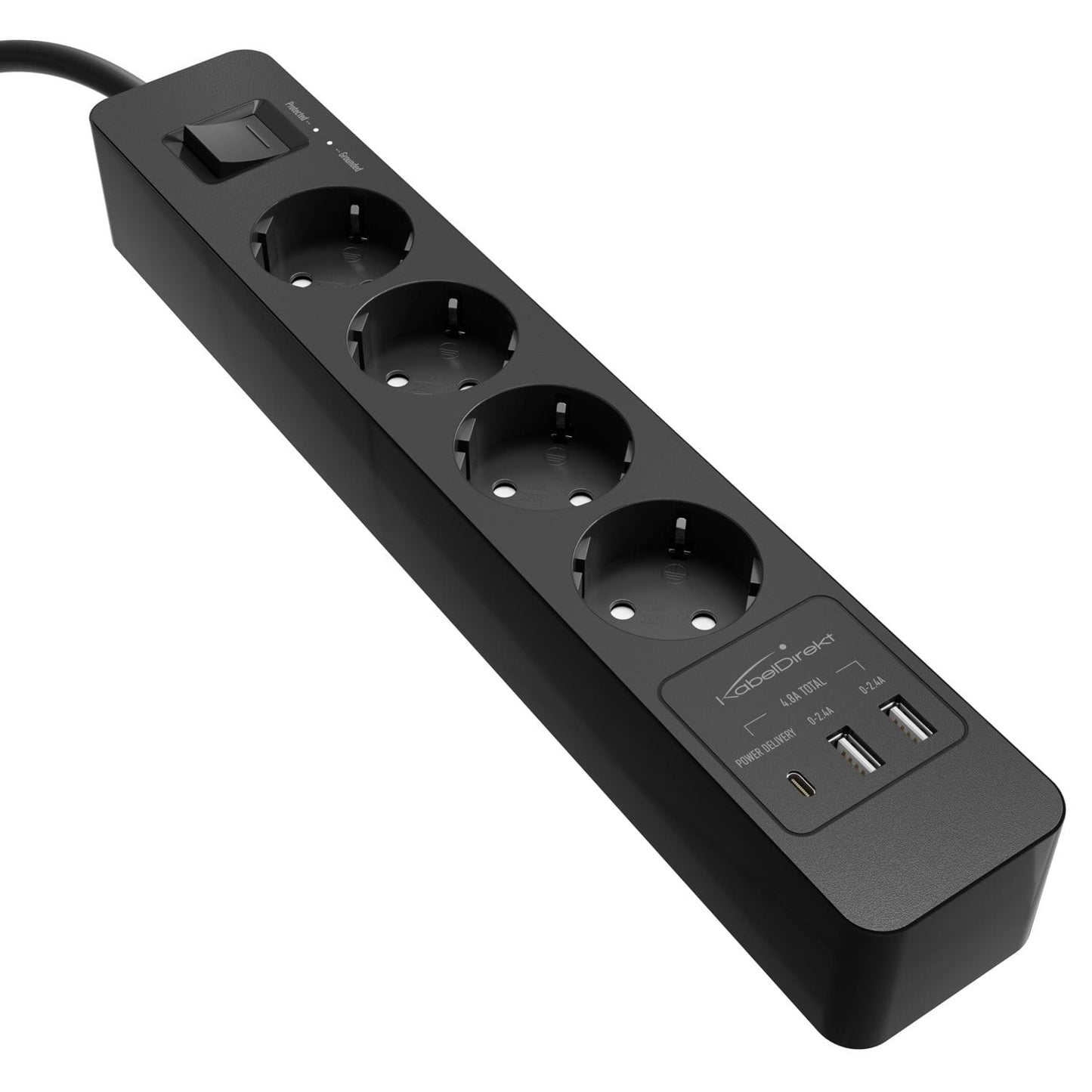 Power strip, black - TÜV-certified multi socket outlet with USB and Power Delivery