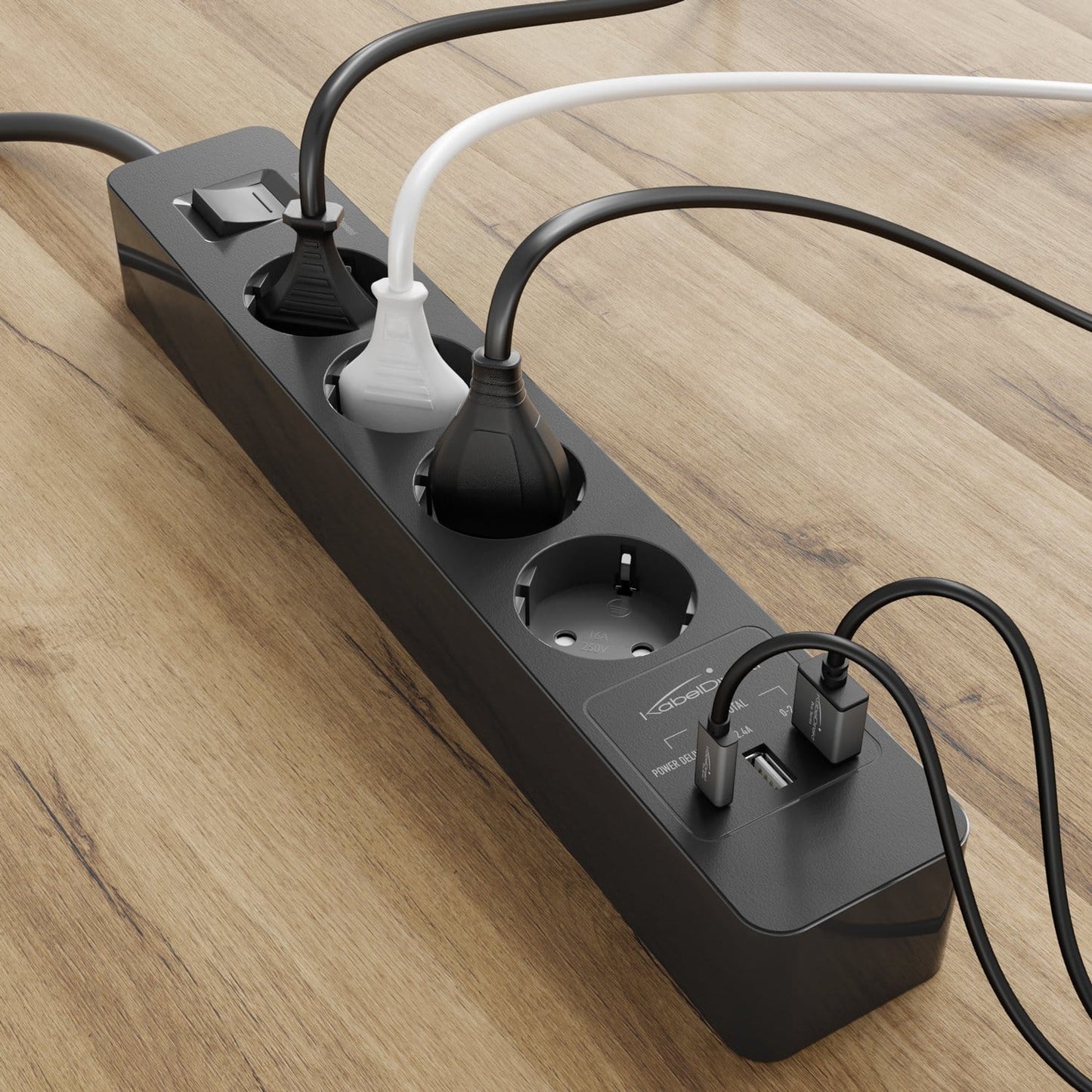 Power strip, black - TÜV-certified multi socket outlet with USB and Power Delivery