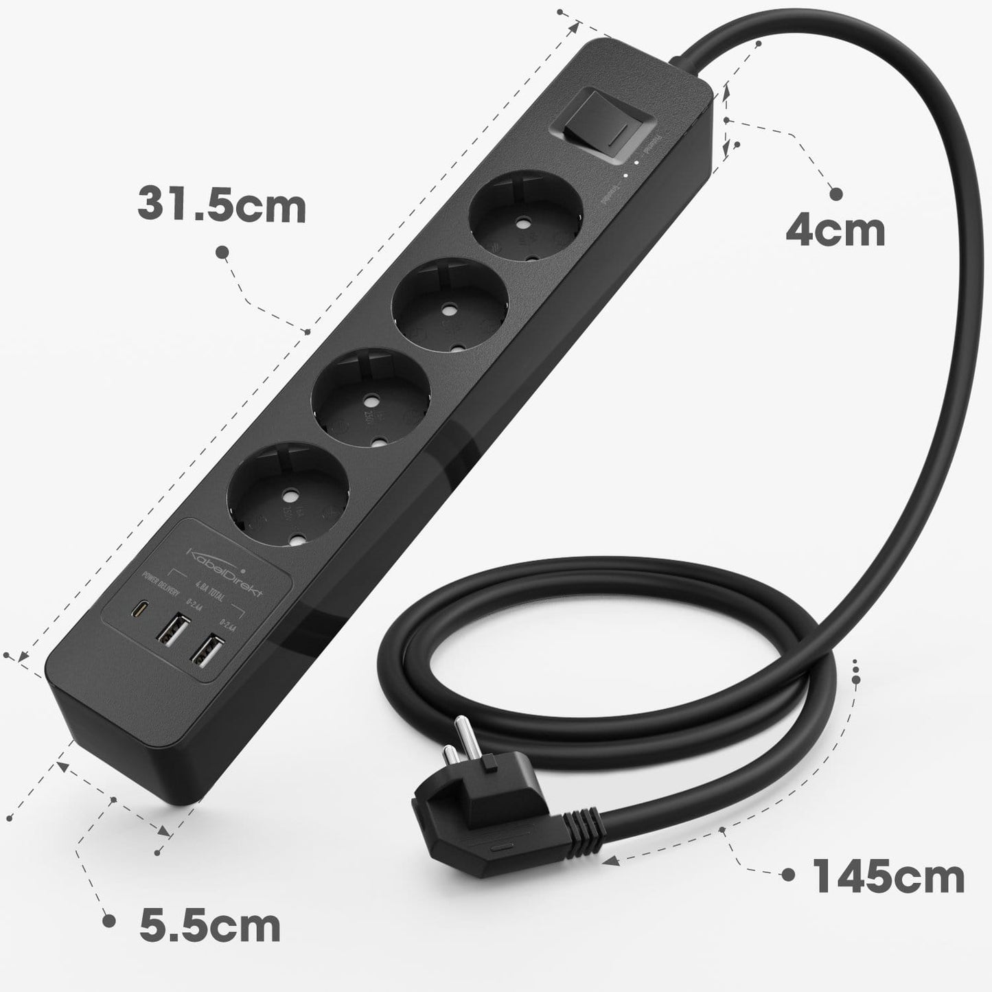 Power strip, black - TÜV-certified multi socket outlet with USB and Power Delivery