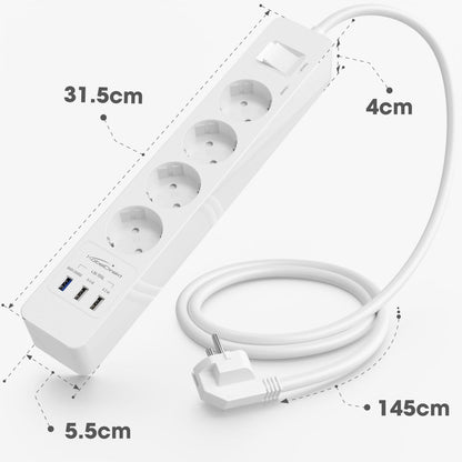 Power strip, white - TÜV-certified multi socket outlet with USB and Quick Charge