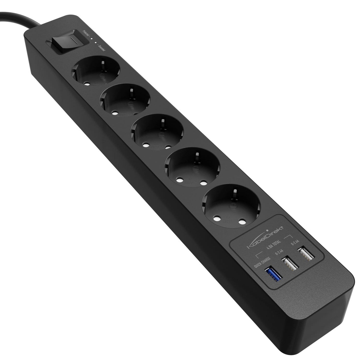 Power strip, black - TÜV-certified multi socket outlet with USB and Quick Charge