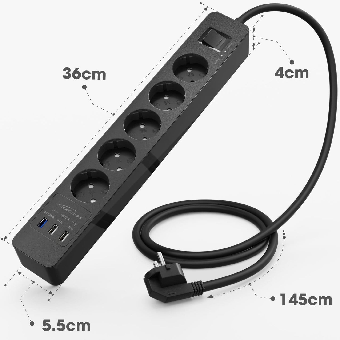 Power strip, black - TÜV-certified multi socket outlet with USB and Quick Charge