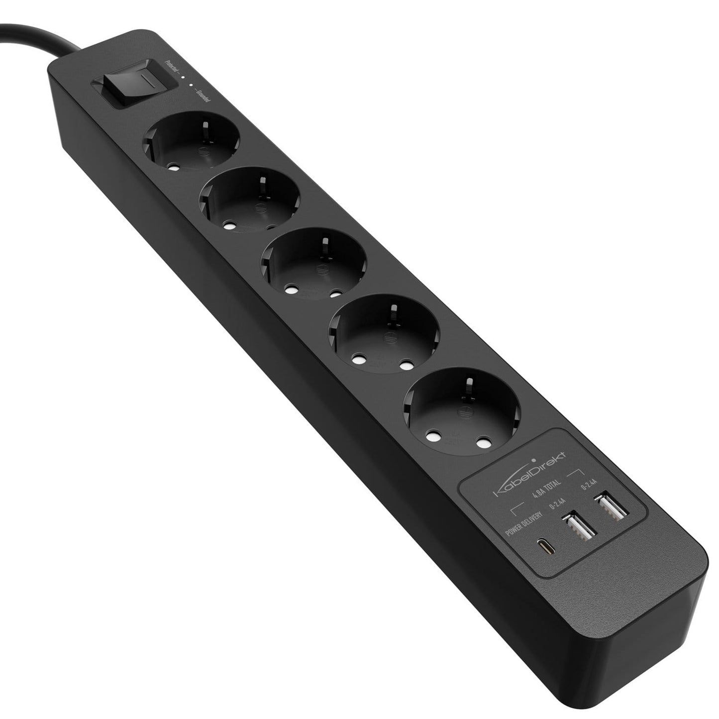 Power strip, black - TÜV-certified multi socket outlet with USB and Power Delivery