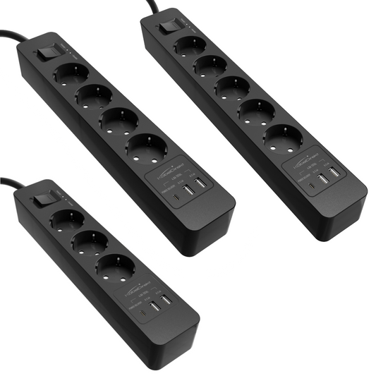 Power strip, black - TÜV-certified multi socket outlet with USB and Power Delivery