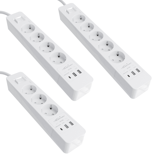 Power strip, white - TÜV-certified multi socket outlet with USB and Power Delivery