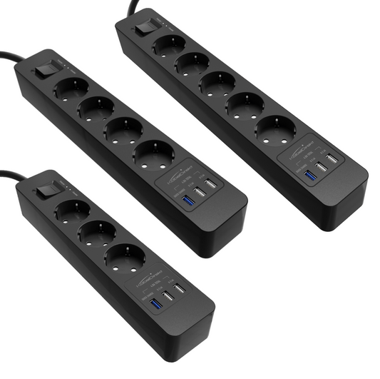Power strip, black - TÜV-certified multi socket outlet with USB and Quick Charge