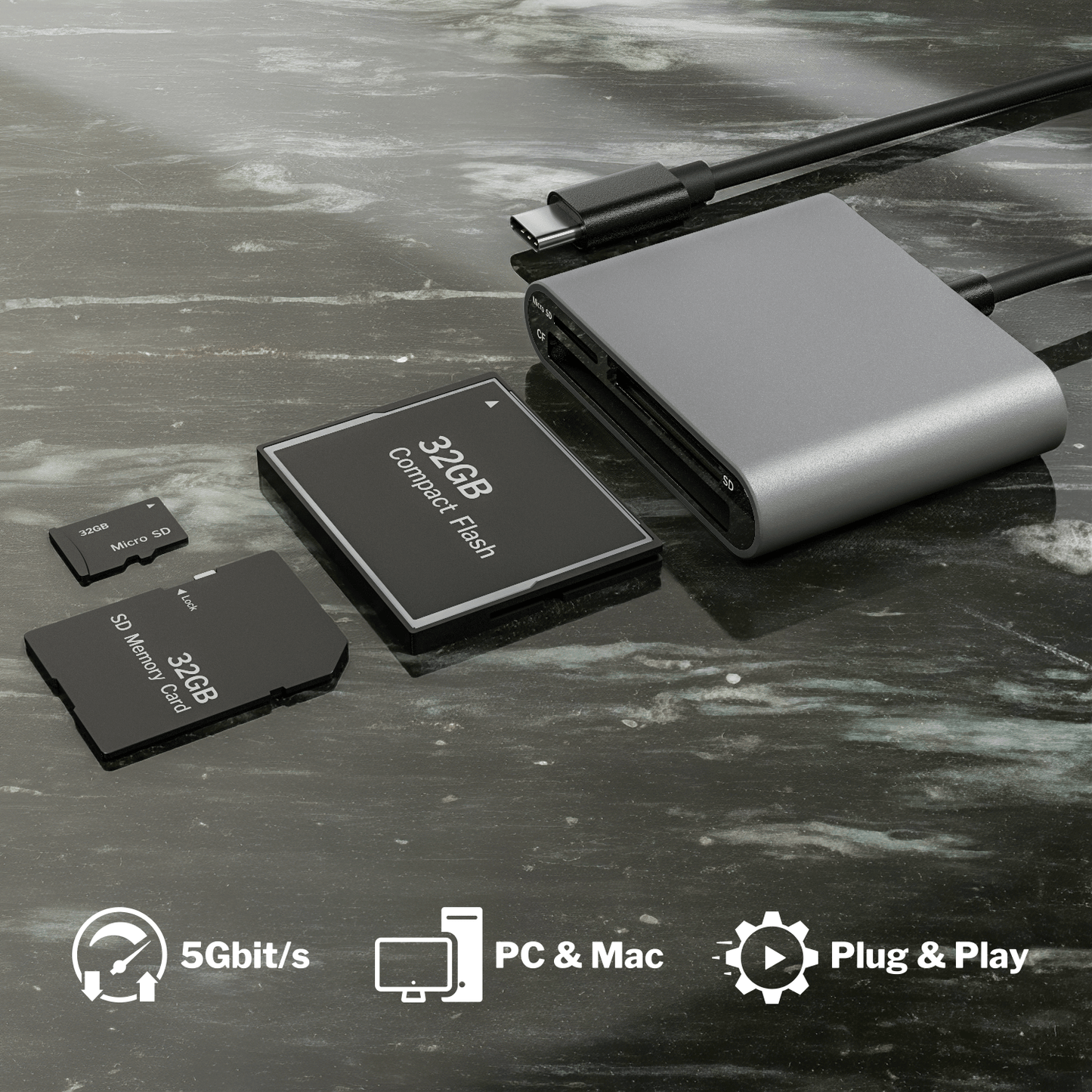 Card Reader - USB-C connector - for SD, SDXC, SDHC, microSD, MMF, CF