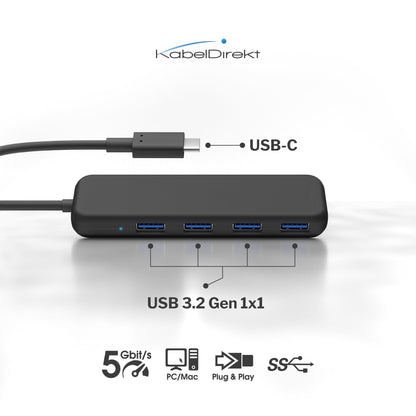 USB-C hub & adapter, USB-C connector, 4 USB-A 3.0 ports (slim design)