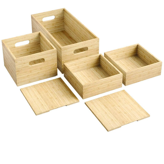 Set aus Bambus-Aufbewahrungsboxen - 1 große Box, 1 mittlere Box, 2 kleine Boxen und 2 naturfarbene Deckel