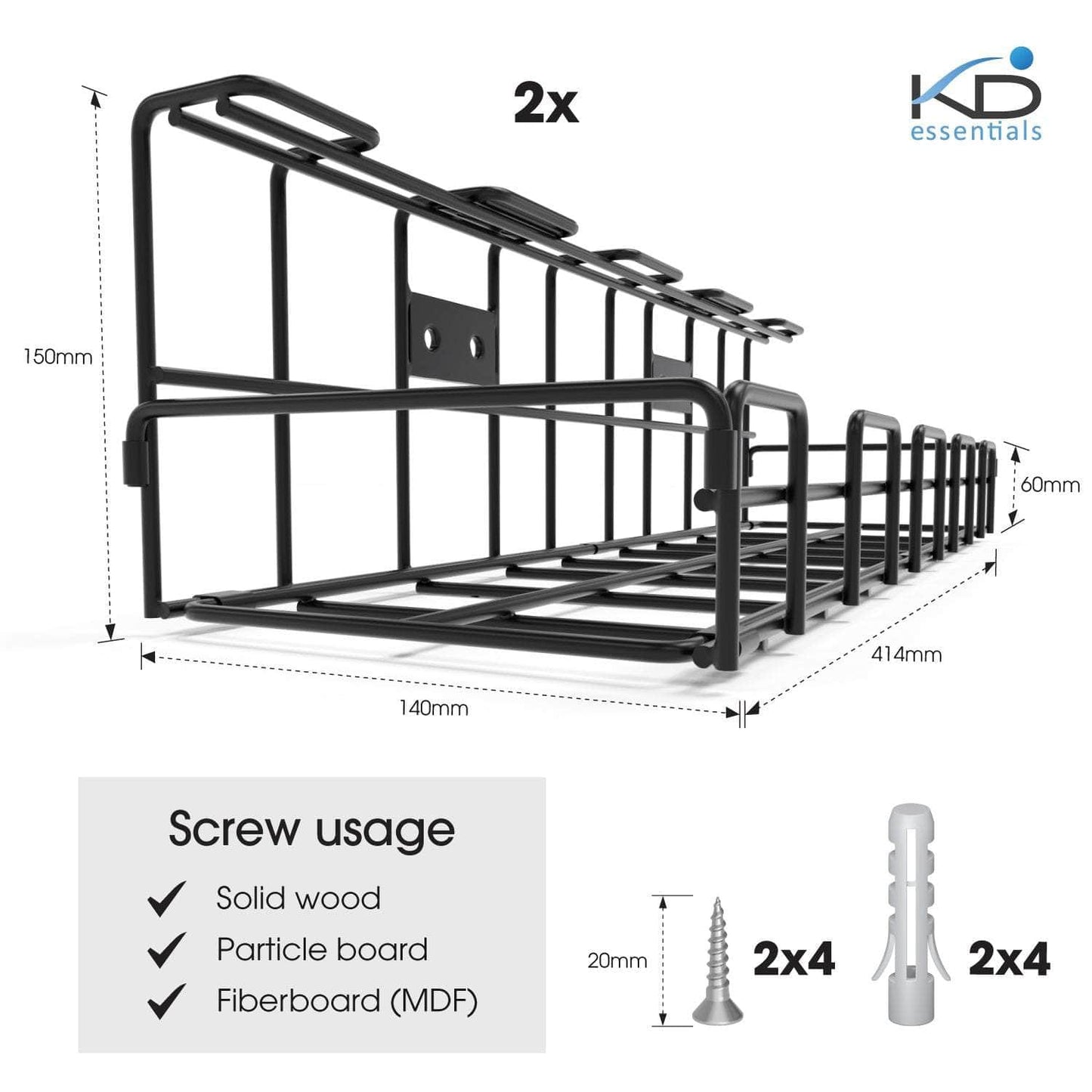 KD Essentials – Kabelkorb aus Metall, Größe L, schraubbar, 2er Set – Kabelhalterung & Kabelwanne