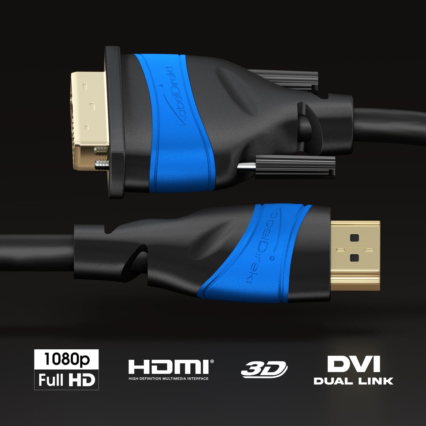 HDMI-DVI adapter cable – bi-directional, DVI-D 24+1/High Speed HDMI cable, 1080p/Full HD, digital video cable, connect HDMI devices to DVI monitors or vice-versa, black
