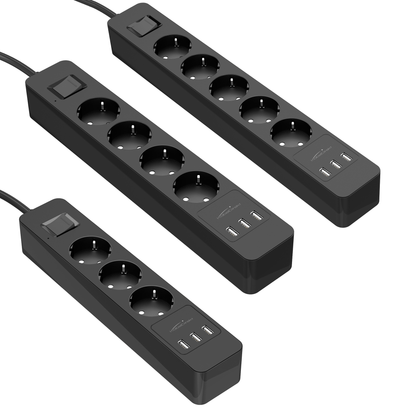 Bloc multiprise - 3 porte chargeurs USB, certifié GS et TÜV, noir
