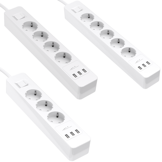 White power strips – TÜV-approved multi-socket outlet with 3 USB-A charging ports
