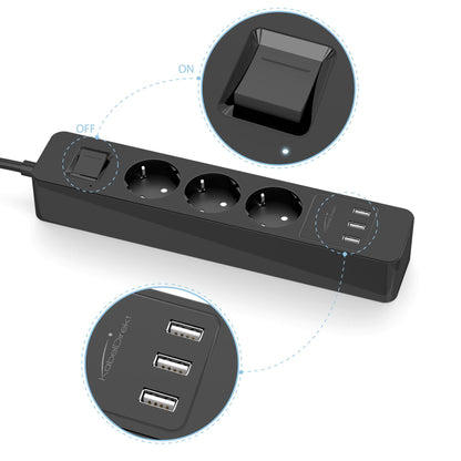 Black power strips – TÜV-approved multi-socket outlet with 3 USB-A charging ports
