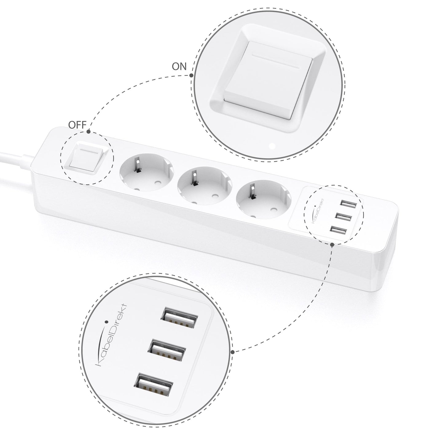 Bloc multiprise - 3 porte chargeurs USB, certifié GS et TÜV, blanc