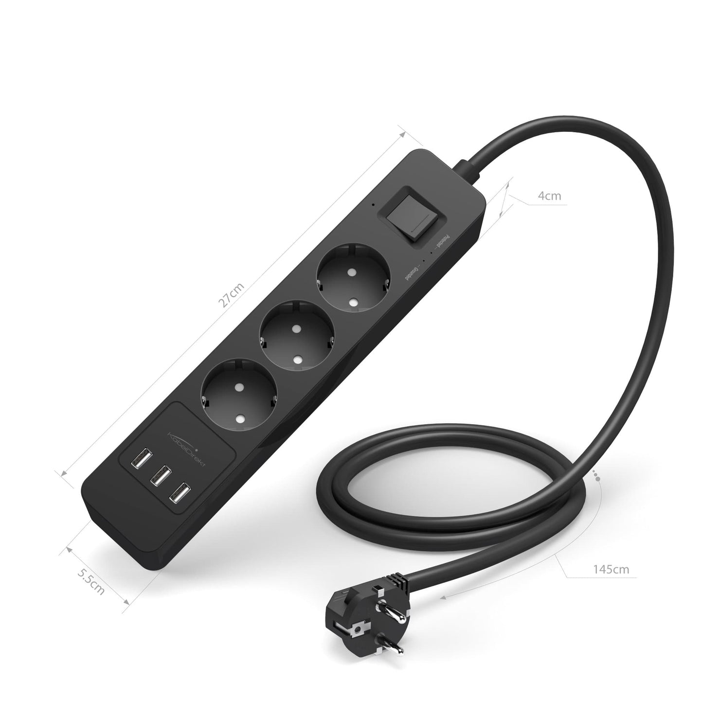 Black power strips – TÜV-approved multi-socket outlet with 3 USB-A charging ports